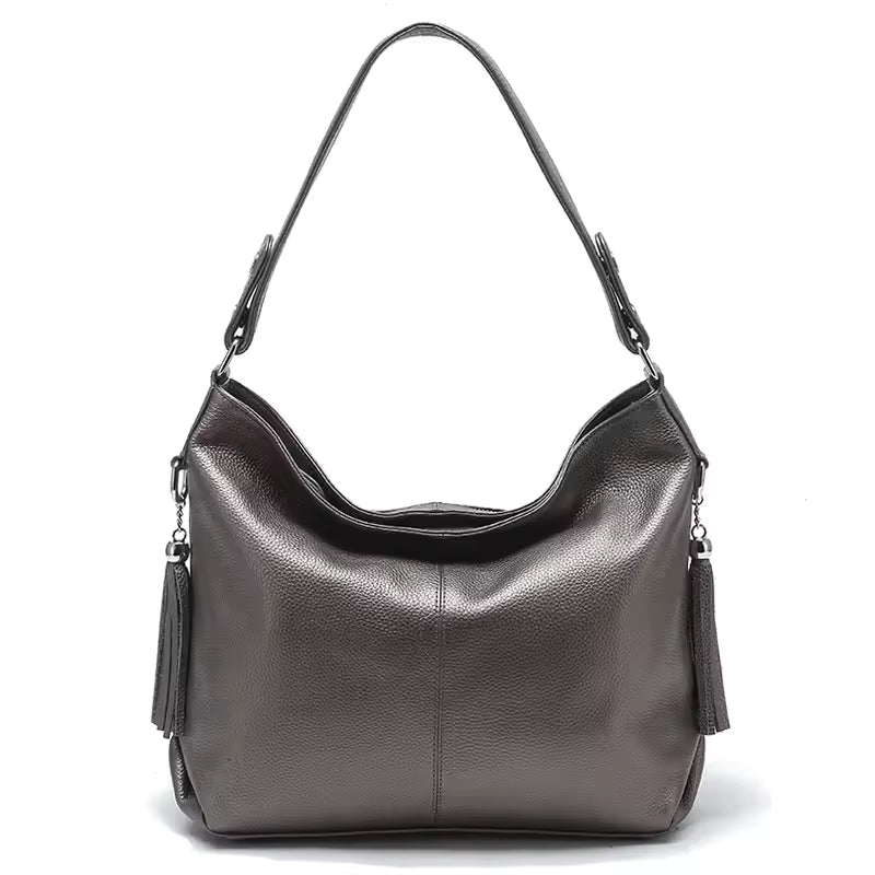 Genuine Tassel Plain Color Real Cowhide Leather Large Shopper Hobo Bag Mssza