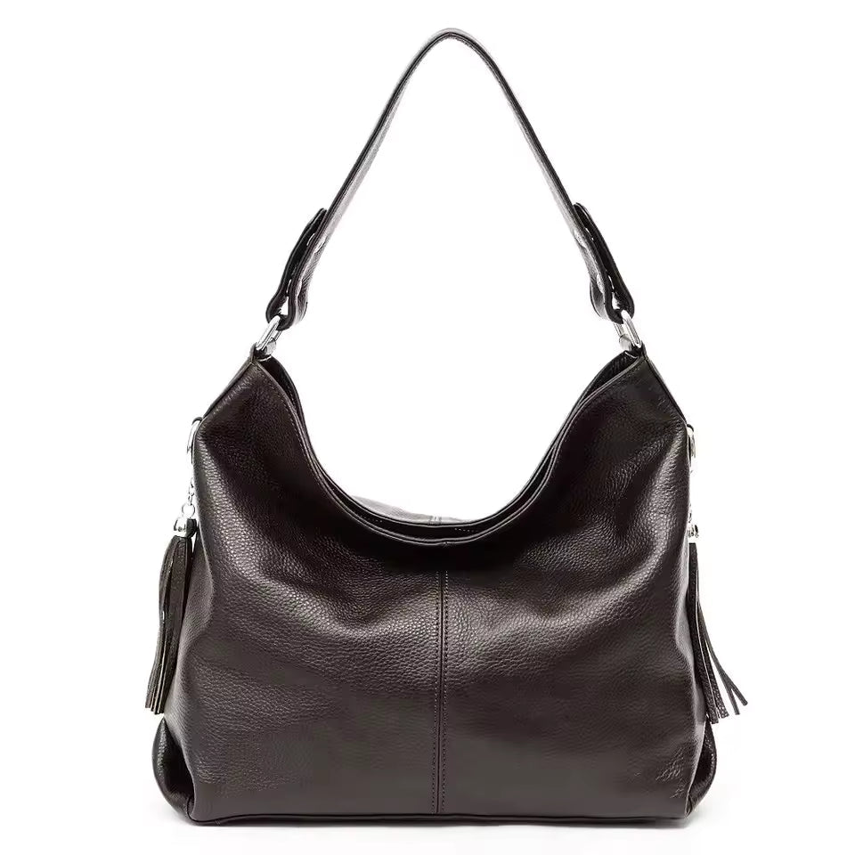 Genuine Tassel Plain Color Real Cowhide Leather Large Shopper Hobo Bag Mssza