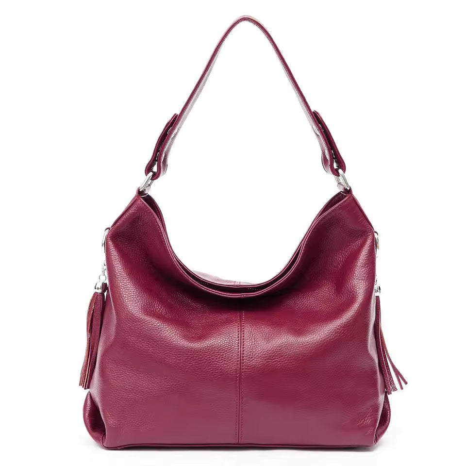 Genuine Tassel Plain Color Real Cowhide Leather Large Shopper Hobo Bag Mssza