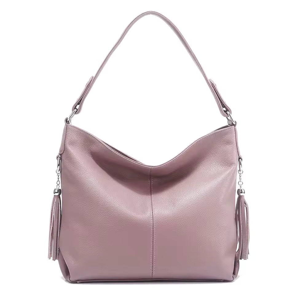 Genuine Tassel Plain Color Real Cowhide Leather Large Shopper Hobo Bag Mssza