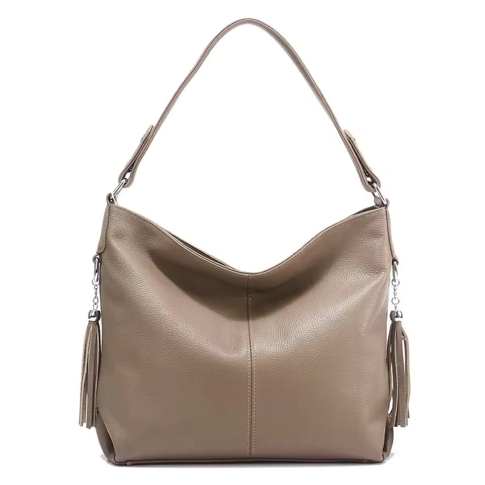 Genuine Tassel Plain Color Real Cowhide Leather Large Shopper Hobo Bag Mssza