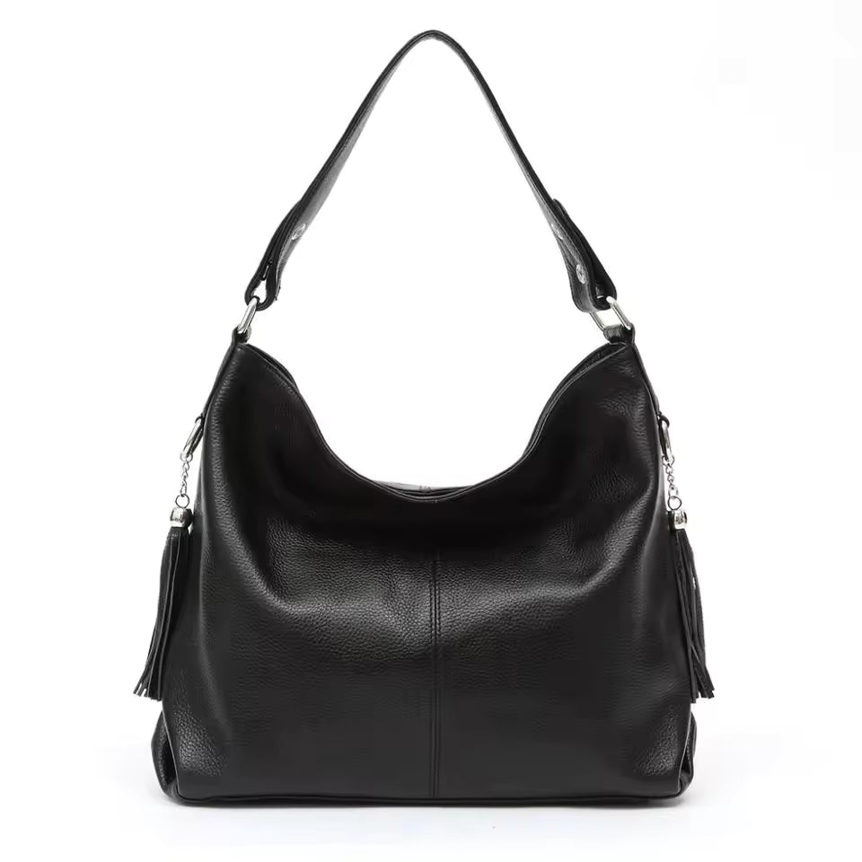 Genuine Tassel Plain Color Real Cowhide Leather Large Shopper Hobo Bag Mssza