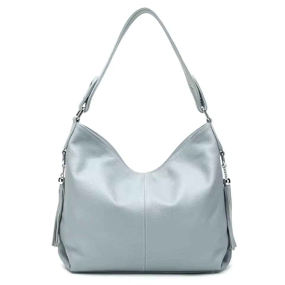 Genuine Tassel Plain Color Real Cowhide Leather Large Shopper Hobo Bag Mssza