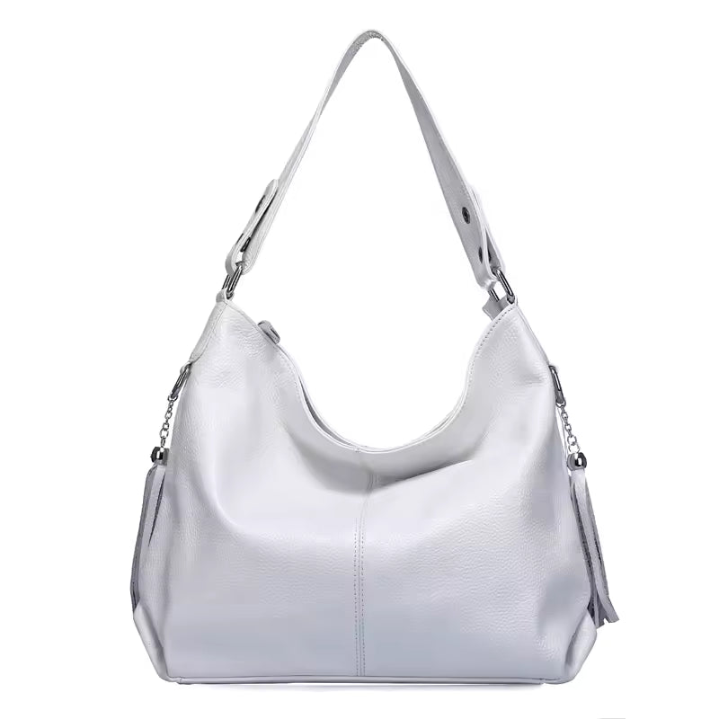 Genuine Tassel Plain Color Real Cowhide Leather Large Shopper Hobo Bag Mssza