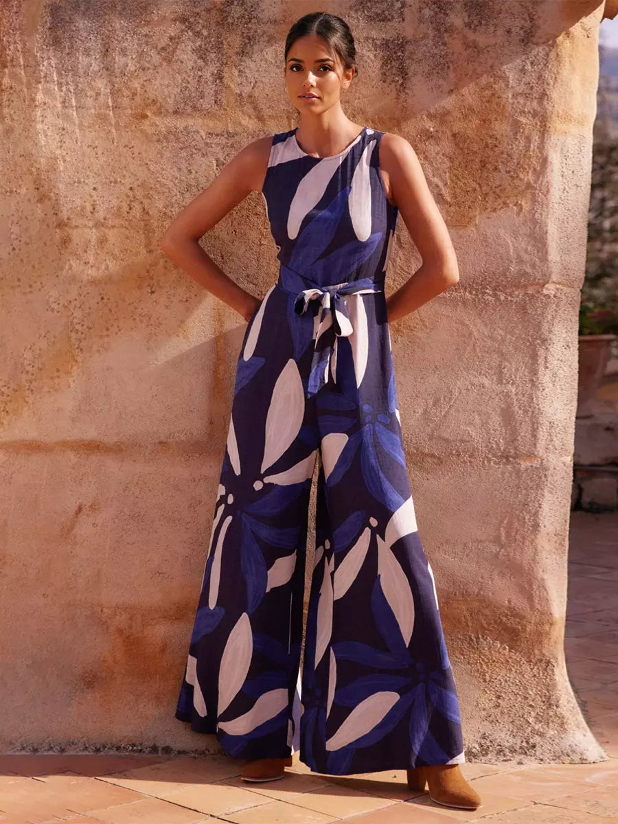 Casual Open Shoulder Printed Raised Waist And Belt Jumpsuit Mssza