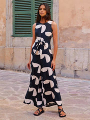 Elegant Jewel Printed Sleeveless High Waist And Belt Jumpsuit Mssza