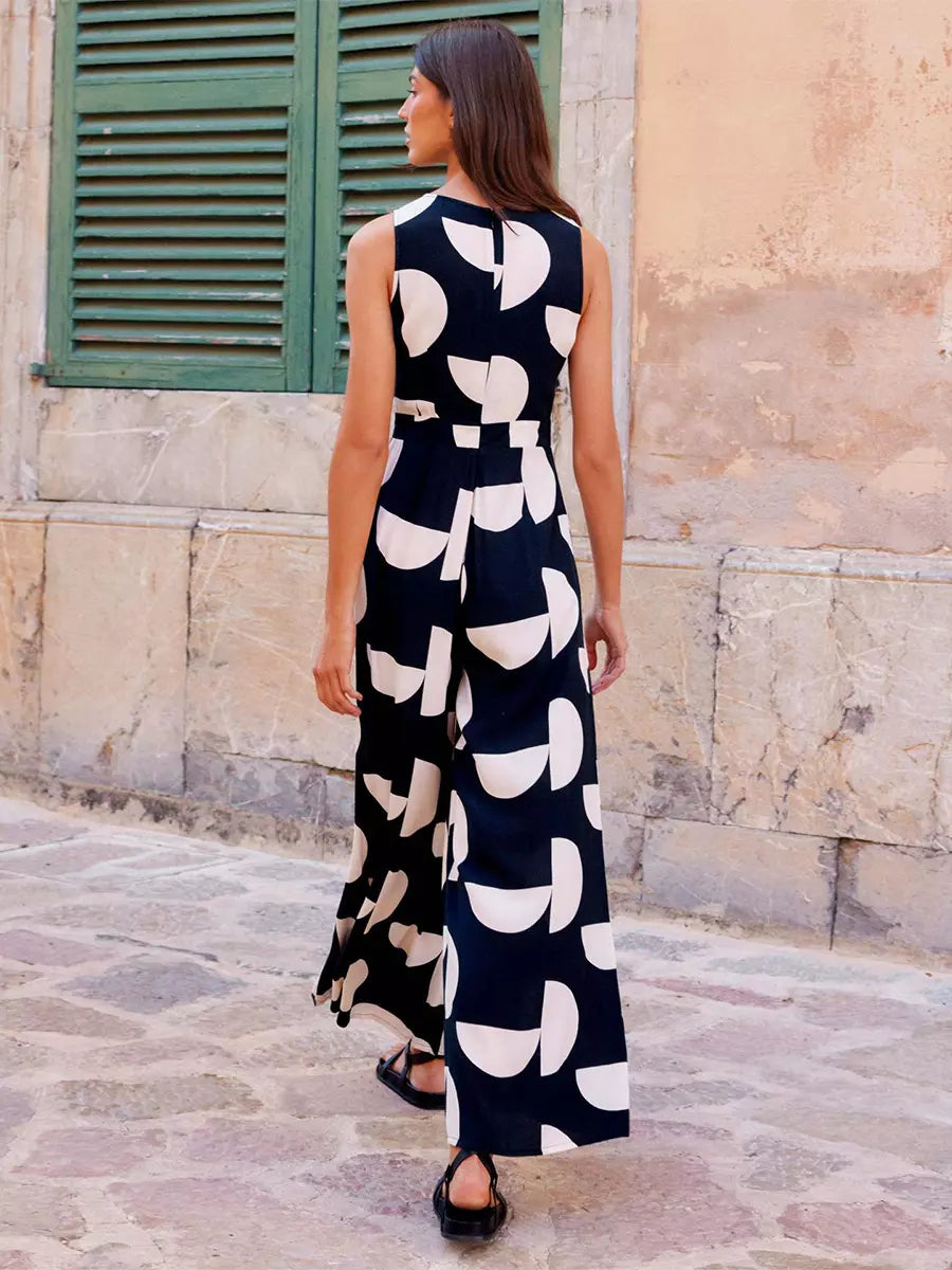 Elegant Jewel Printed Sleeveless High Waist And Belt Jumpsuit Mssza