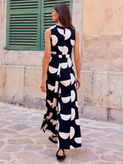 Elegant Jewel Printed Sleeveless High Waist And Belt Jumpsuit Mssza