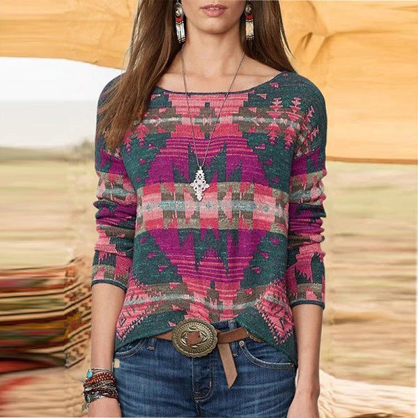 Geometric Print Color Blocking Loose Top Mssza