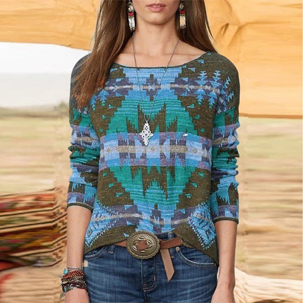 Geometric Print Color Blocking Loose Top Mssza