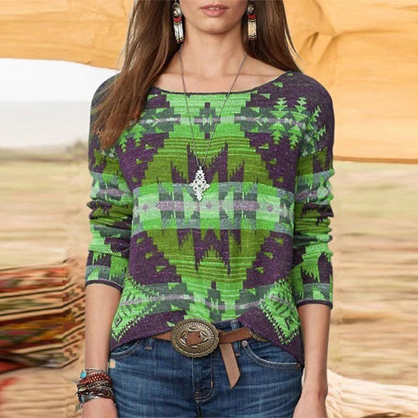 Geometric Print Color Blocking Loose Top Mssza