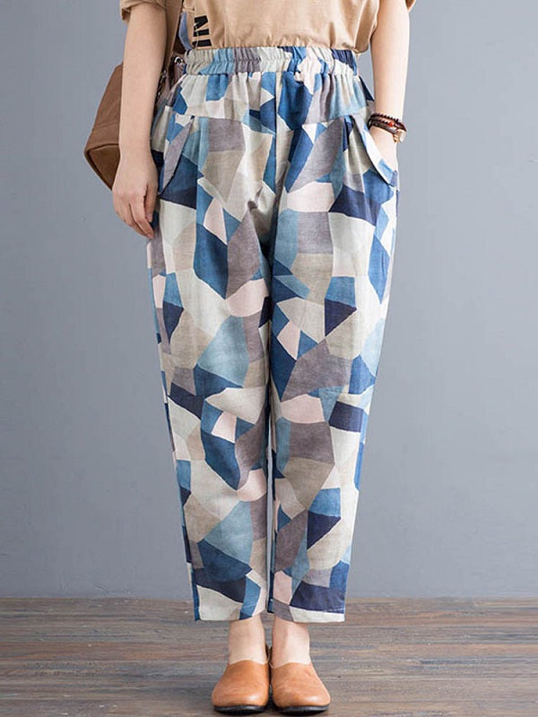 Geometric Printed Elastic High Waist Pants Mssza