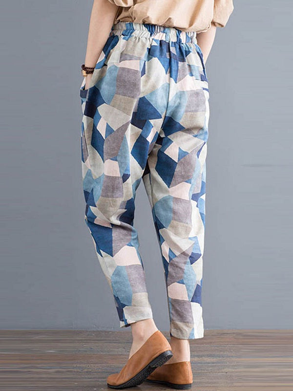 Geometric Printed Elastic High Waist Pants Mssza