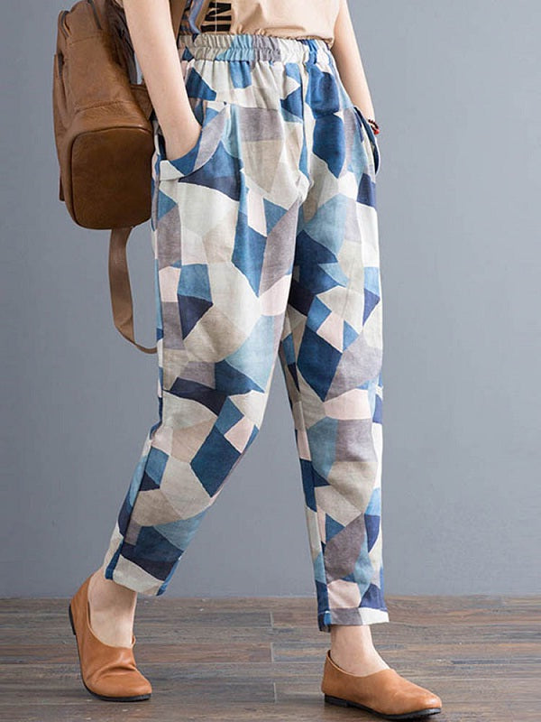 Geometric Printed Elastic High Waist Pants Mssza