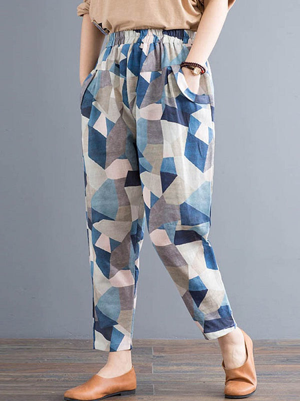 Geometric Printed Elastic High Waist Pants Mssza