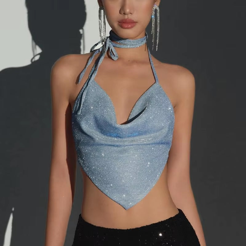 Glitter Halter Bright Silk Ruched Backless Cropped Tops Mssza