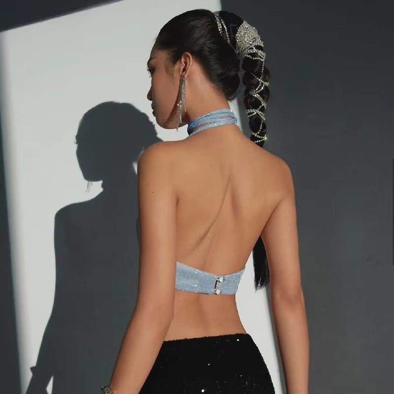 Glitter Halter Bright Silk Ruched Backless Cropped Tops Mssza