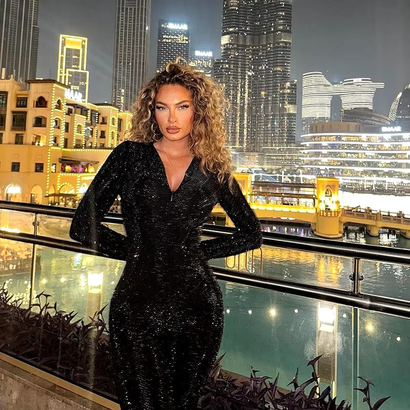 Glitter Long Sleeve V Neck Zipper high Waist Sparkle Club Skinny Jumpsuits Mssza