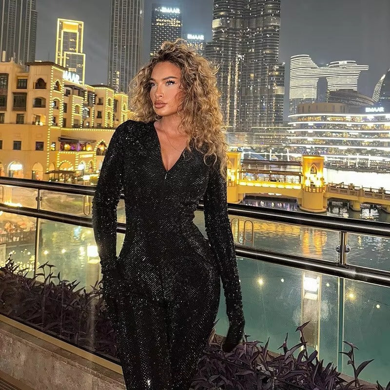 Glitter Long Sleeve V Neck Zipper high Waist Sparkle Club Skinny Jumpsuits Mssza
