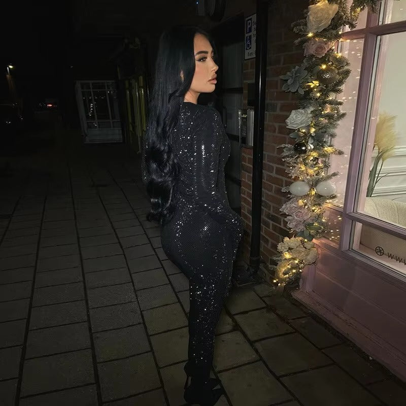 Glitter Long Sleeve V Neck Zipper high Waist Sparkle Club Skinny Jumpsuits Mssza