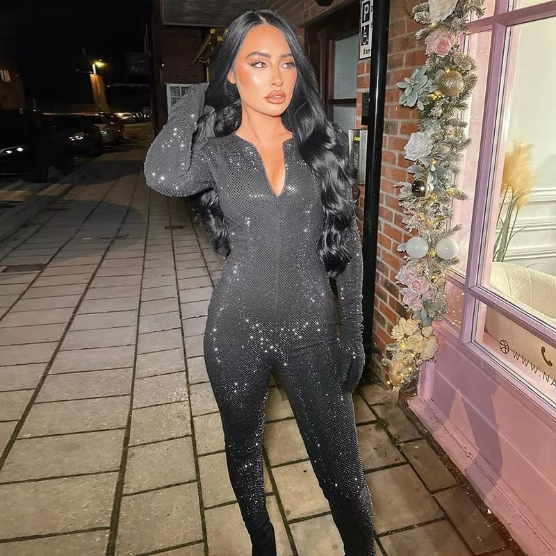 Glitter Long Sleeve V Neck Zipper high Waist Sparkle Club Skinny Jumpsuits Mssza