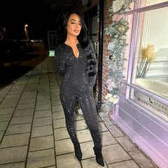 Glitter Long Sleeve V Neck Zipper high Waist Sparkle Club Skinny Jumpsuits Mssza