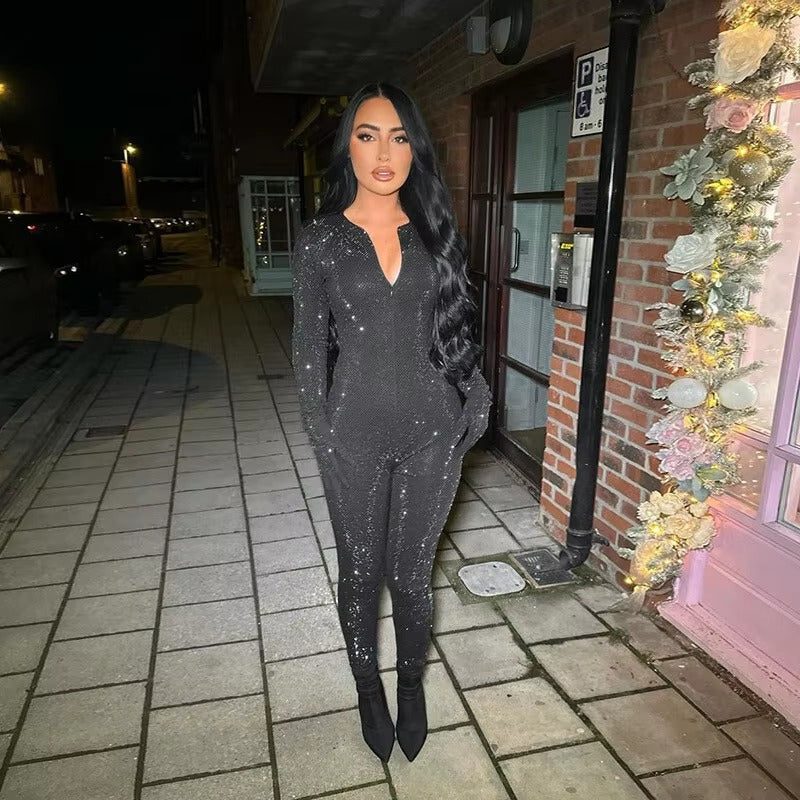Glitter Long Sleeve V Neck Zipper high Waist Sparkle Club Skinny Jumpsuits Mssza