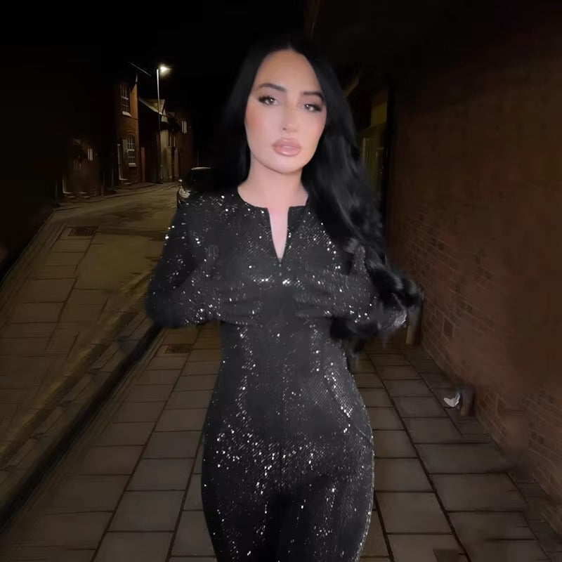 Glitter Long Sleeve V Neck Zipper high Waist Sparkle Club Skinny Jumpsuits Mssza