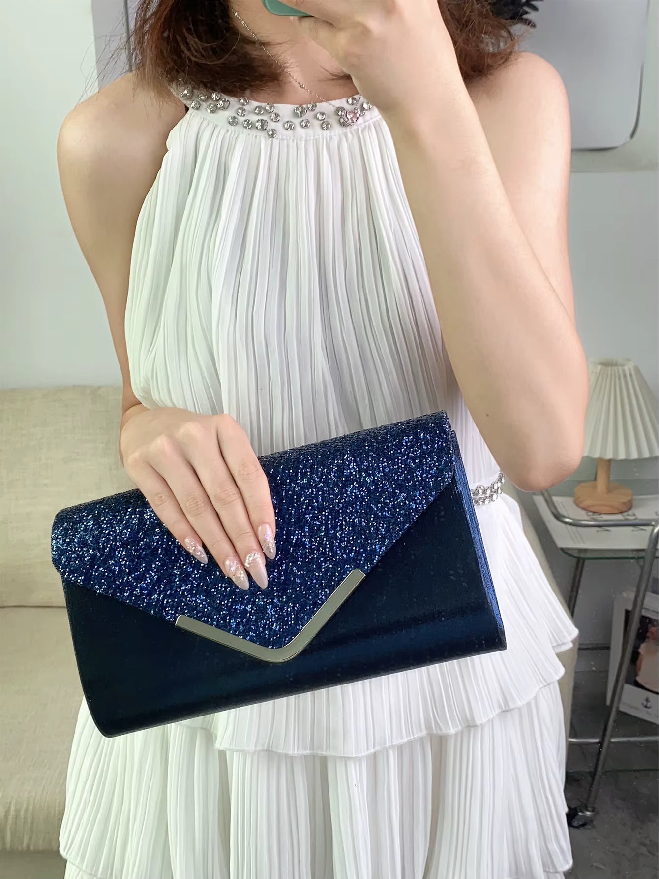 Glitter Shiny Elegant Interior Slot Pocket Party Wedding Clutch Bag Mssza