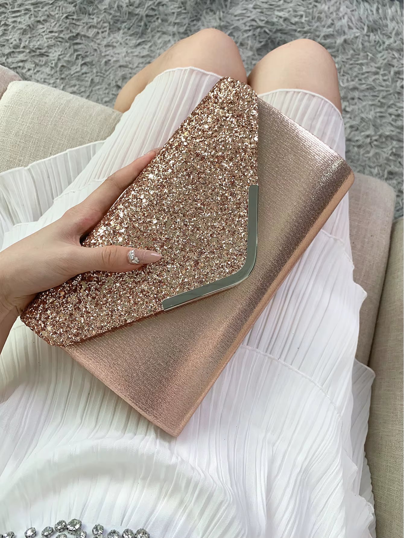 Glitter Shiny Elegant Interior Slot Pocket Party Wedding Clutch Bag Mssza