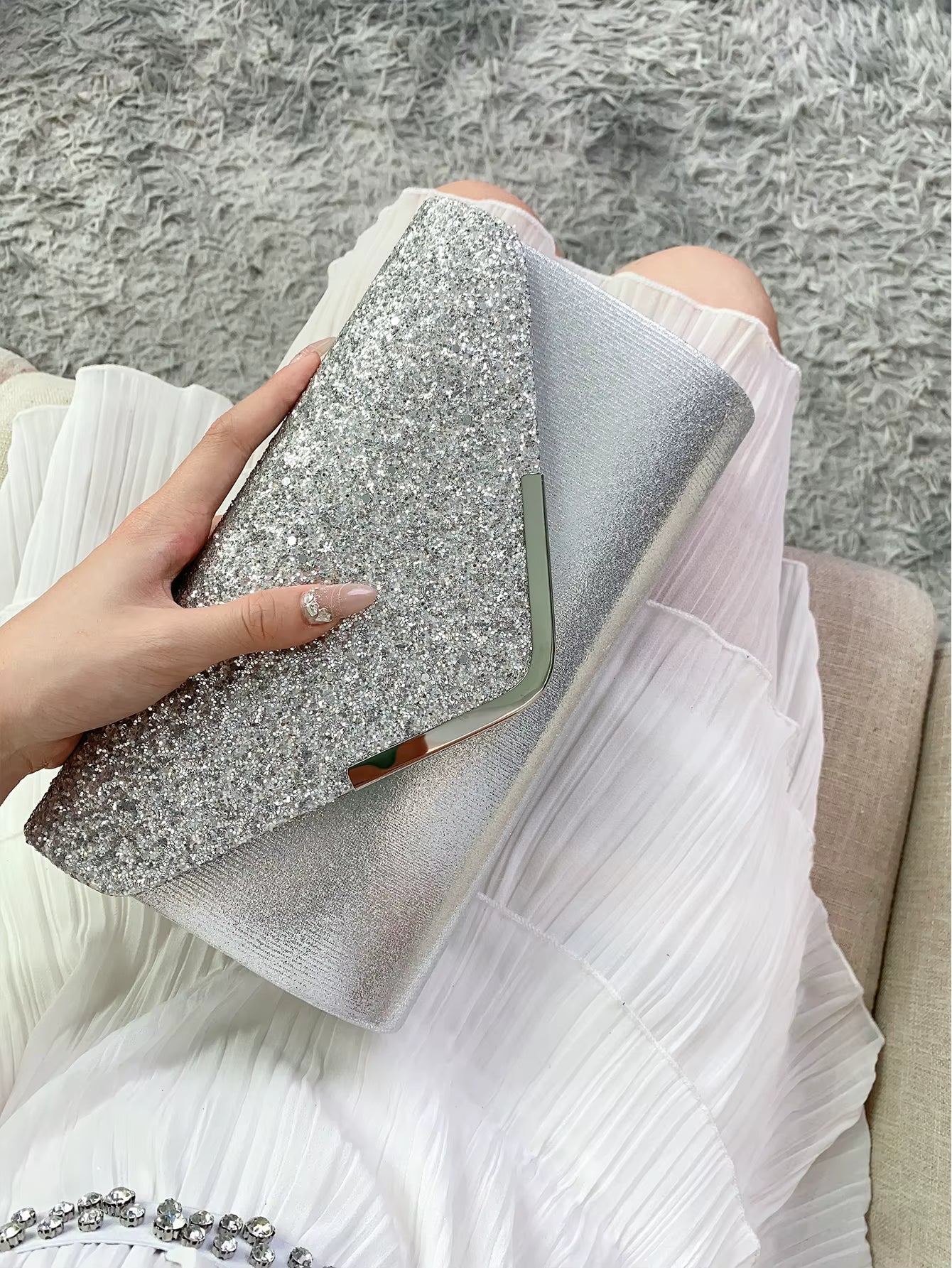 Glitter Shiny Elegant Interior Slot Pocket Party Wedding Clutch Bag Mssza