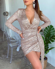 Glitter V Neck Long Sleeve Ruched Sequins Dress Mssaz Desses
