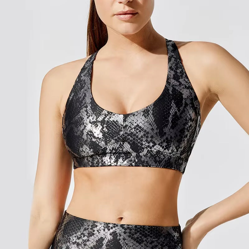 Plated Printing Snake Pattern Hip Lifting High Waist Slimming Bra Yoga Pants Set Mssza