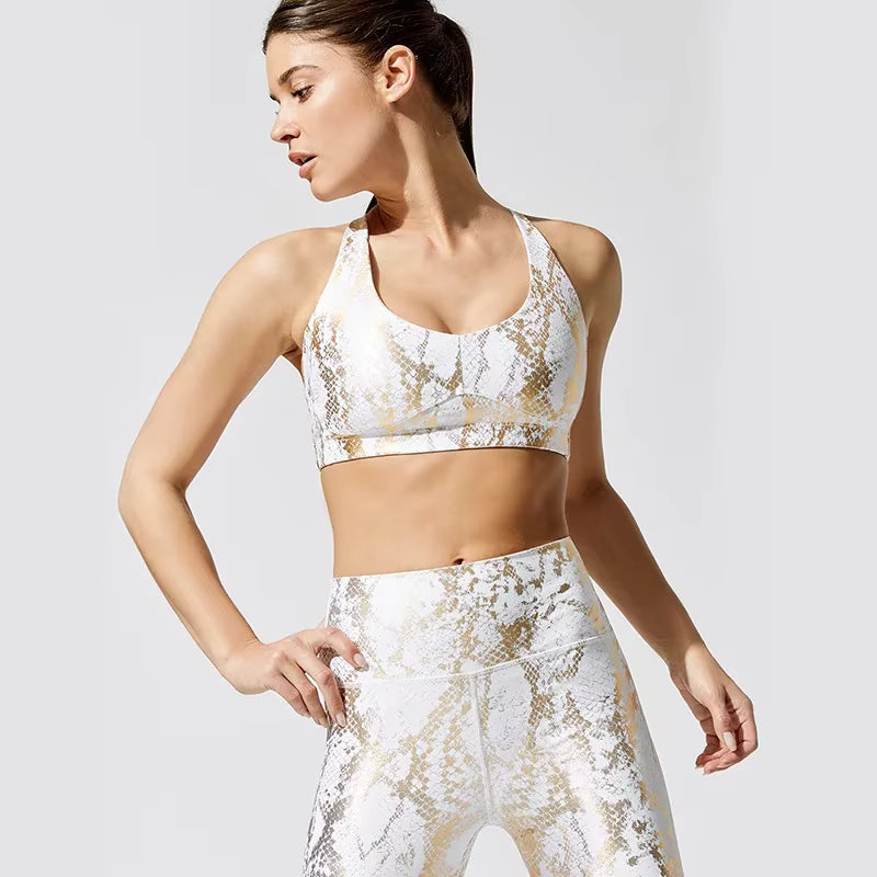 Plated Printing Snake Pattern Hip Lifting High Waist Slimming Bra Yoga Pants Set Mssza