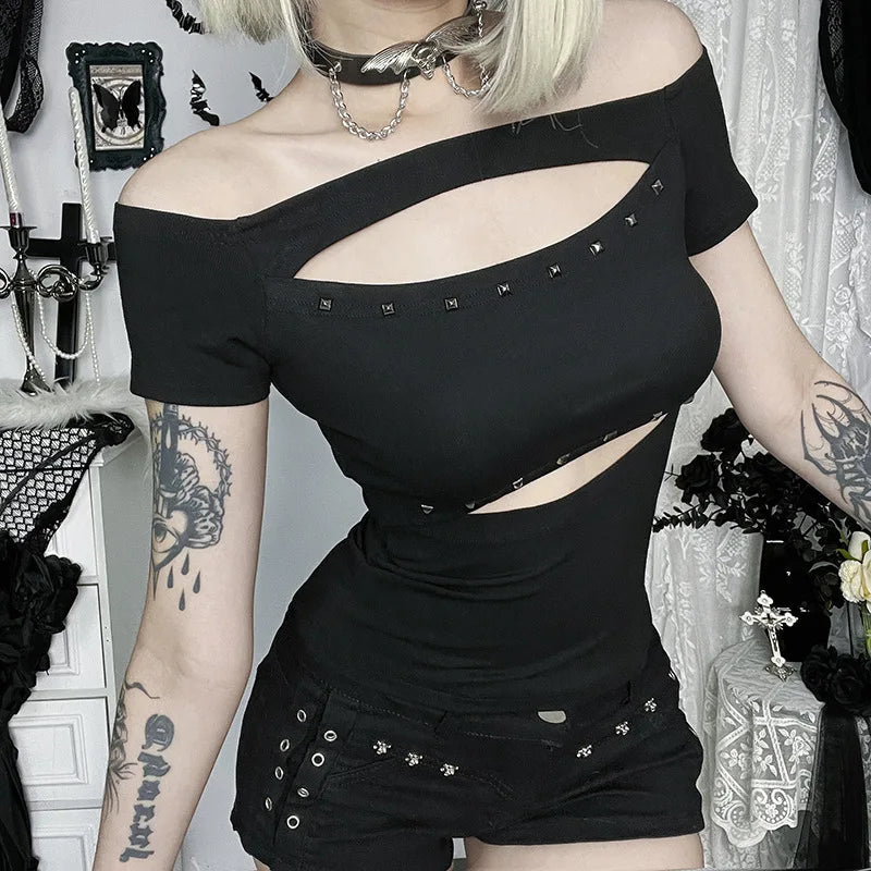 Gothic Hollow Out Rivets Short Sleeve Off-the-shoulder Crop Tee T-shirt Mssza