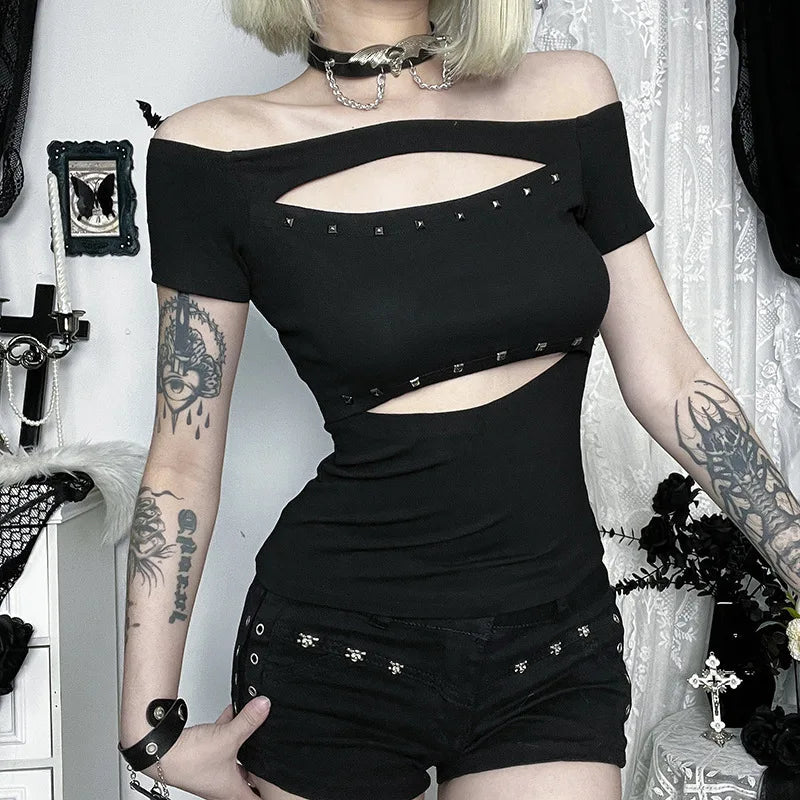 Gothic Hollow Out Rivets Short Sleeve Off-the-shoulder Crop Tee T-shirt Mssza