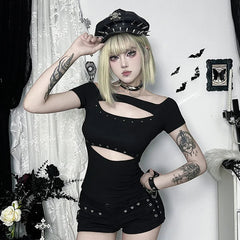 Gothic Hollow Out Rivets Short Sleeve Off-the-shoulder Crop Tee T-shirt Mssza