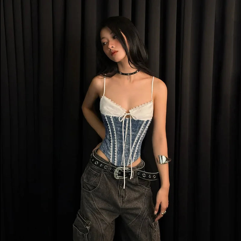 Gothic Lace Patchwork Party Club Streetwear Crop Tank Top Mssza
