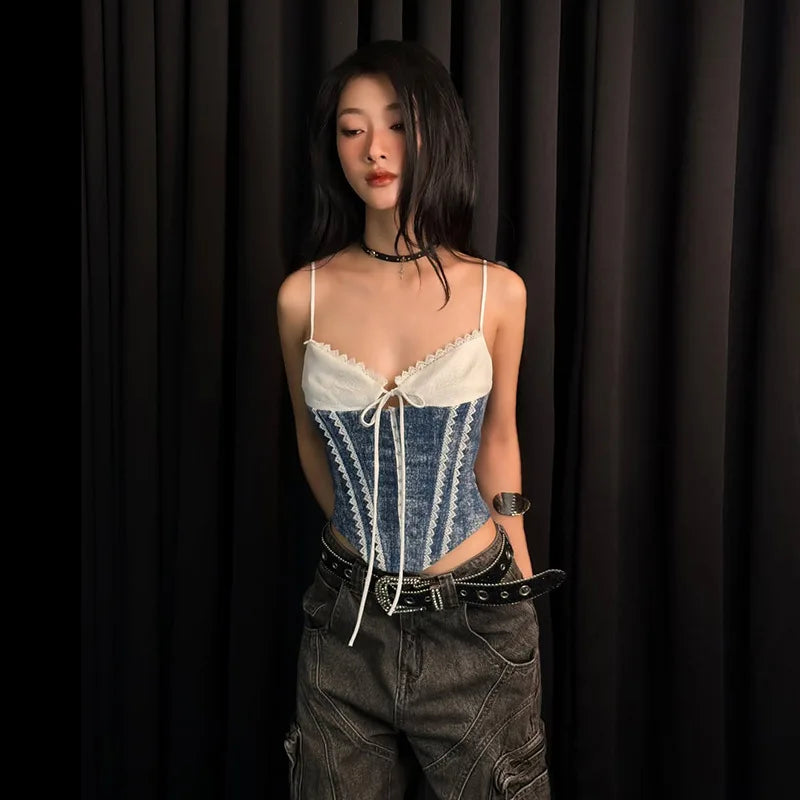 Gothic Lace Patchwork Party Club Streetwear Crop Tank Top Mssza