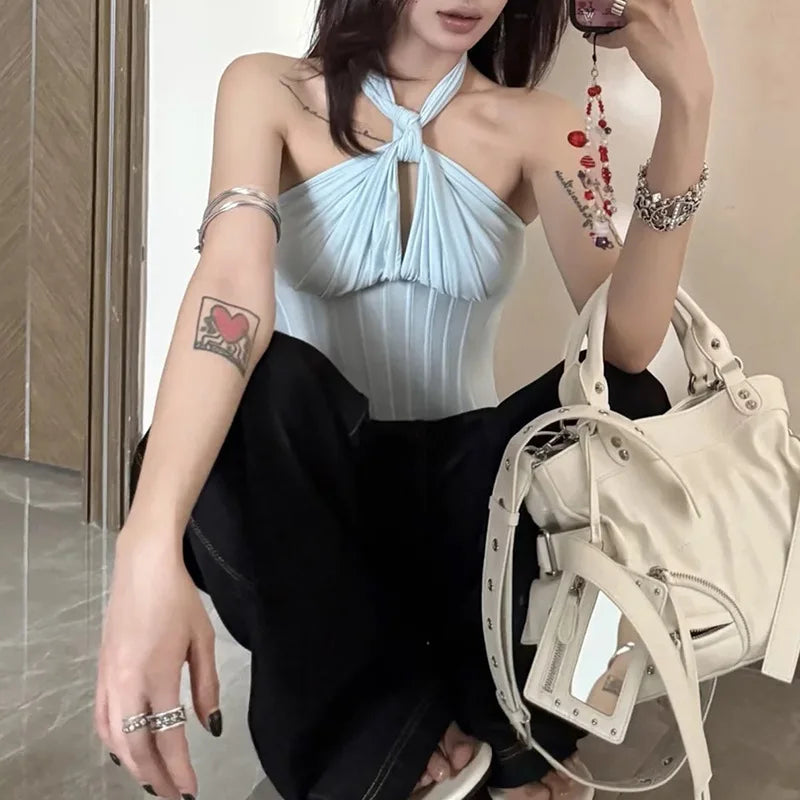 Gothic Solid Backless Punk Halter Fish Bone Crop Tank Tops Mssza