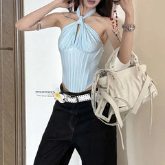 Gothic Solid Backless Punk Halter Fish Bone Crop Tank Tops Mssza