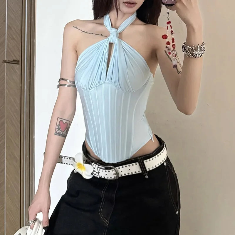 Gothic Solid Backless Punk Halter Fish Bone Crop Tank Tops Mssza