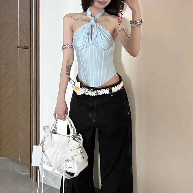Gothic Solid Backless Punk Halter Fish Bone Crop Tank Tops Mssza