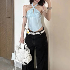 Gothic Solid Backless Punk Halter Fish Bone Crop Tank Tops Mssza
