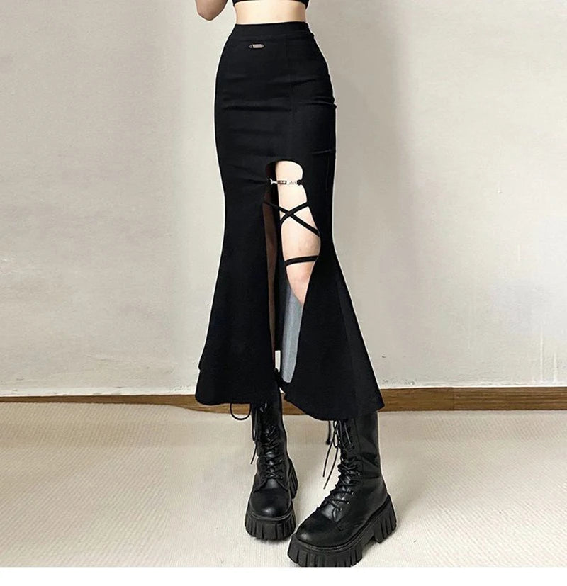 Gothic Style Slit Mermaid Hollow Out High Waist All Match Midi Skirt Mssza