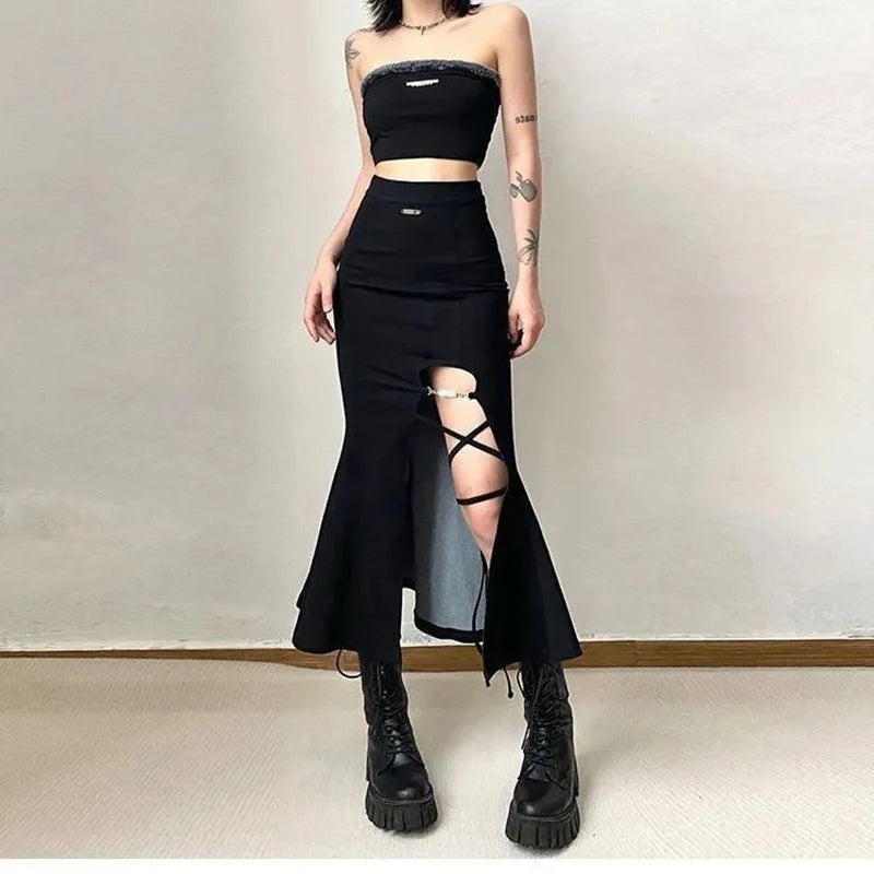 Gothic Style Slit Mermaid Hollow Out High Waist All Match Midi Skirt Mssza