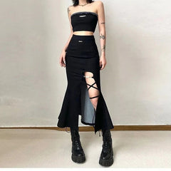 Gothic Style Slit Mermaid Hollow Out High Waist All Match Midi Skirt Mssza