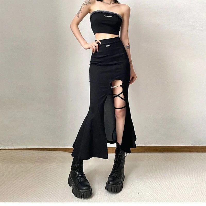 Gothic Style Slit Mermaid Hollow Out High Waist All Match Midi Skirt Mssza