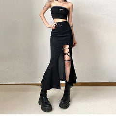 Gothic Style Slit Mermaid Hollow Out High Waist All Match Midi Skirt Mssza