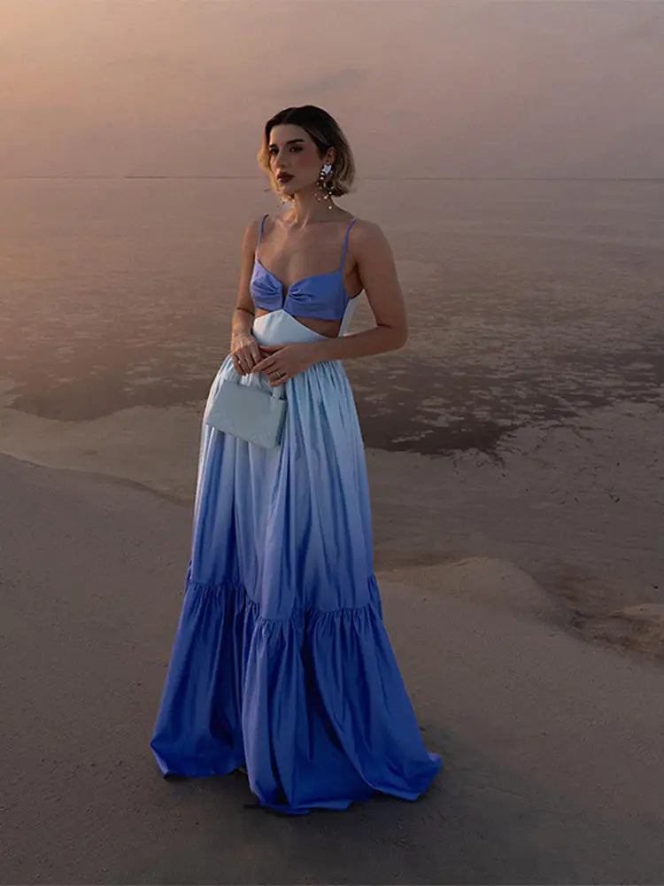 Gradient Hollow Out Pleated Sleeveless Sling Maxi Dress Mssaz Desses